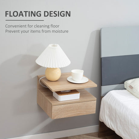 HOMCOM Set of Two Floating Bedside Tables - Oak Tone