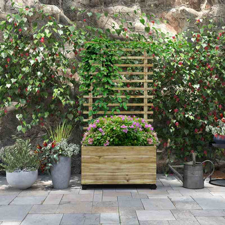 Outsunny Wooden Raised Planter, with Back Trellis - Natural Finish