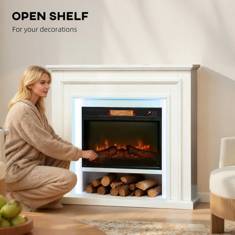 HOMCOM Electric Fireplace with RGB LED Lights, Realistic Flame Effect & 3 Brightness Levels, 1800W Inset Electric Fire and Mantel Reach up to 30 m2 Space with Remote & Timer for Living Room, White