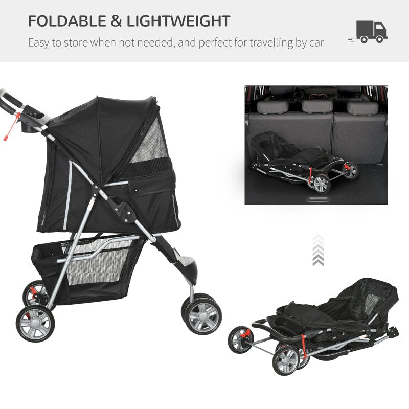 PawHut Pet Travel Stroller with Rain Cover, 3 Wheels Foldable Cat Dog Pushchair with Storage Basket and Cupholder for Small Miniature Dogs(Black)