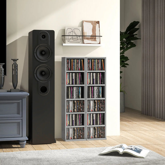 HOMCOM Set of 2 CD Media Display Shelf Unit Tower Rack with Adjustable Shelves, High Gloss Grey