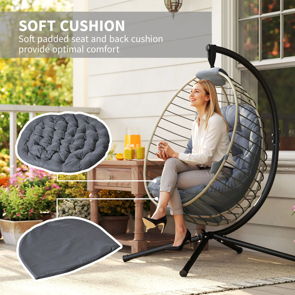 Outsunny PE Rattan Swing Chair, Outdoor Hanging Chair with Metal Stand, Thick Padded Cushion, Foldable Basket and Cup Holder, for Indoor and Outdoor, Grey