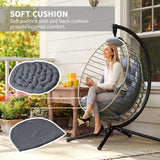 Outsunny PE Rattan Swing Chair, Outdoor Hanging Chair with Metal Stand, Thick Padded Cushion, Foldable Basket and Cup Holder, for Indoor and Outdoor, Grey