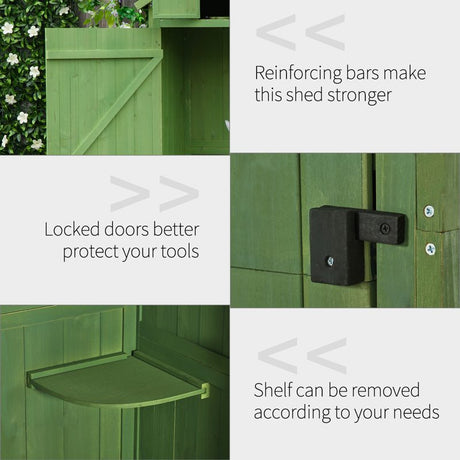 Outsunny Wooden Garden Shed, Utility Outdoor Small Shed with Lockable Double Doors, Shelves and Roof Hatch, Dark Green