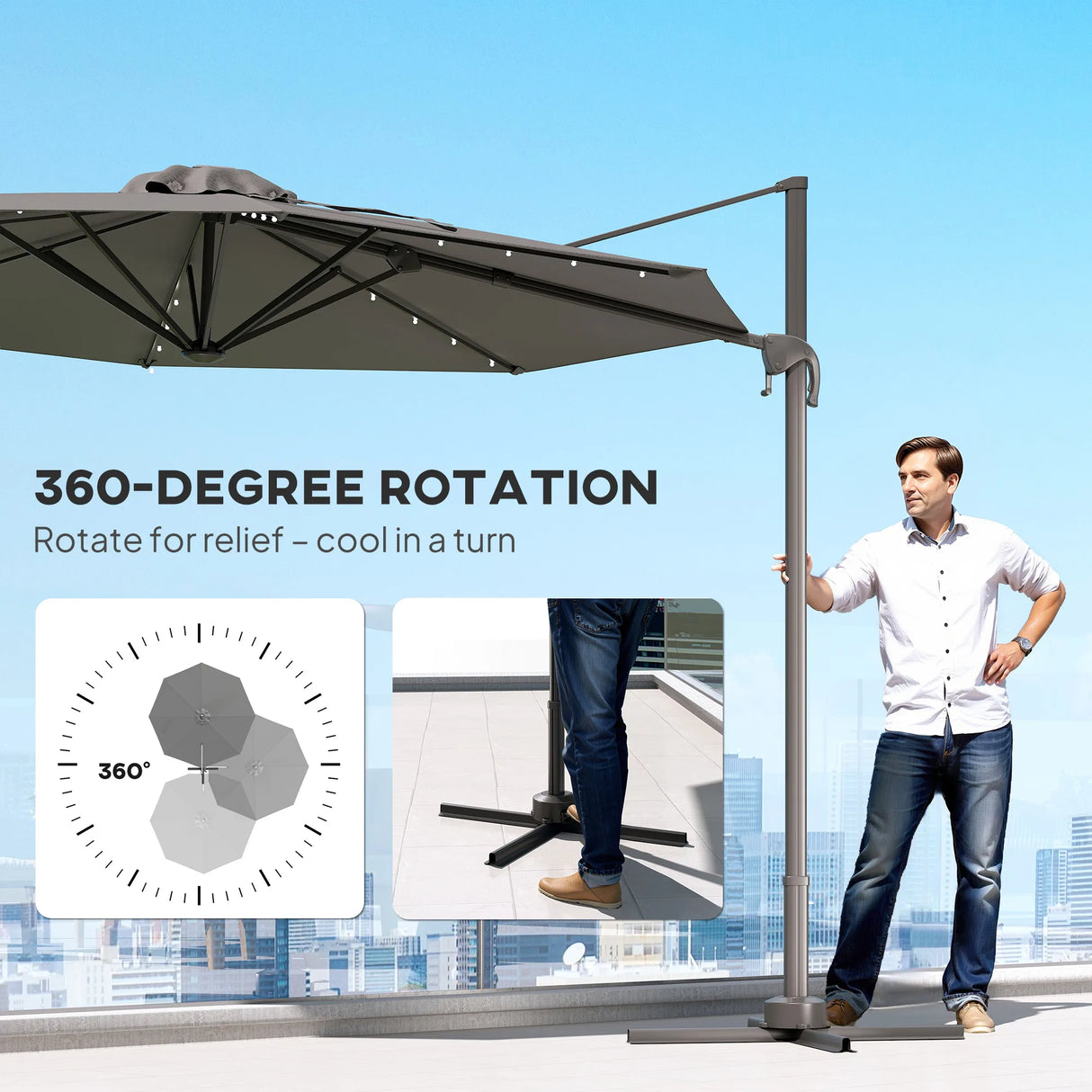 Outsunny 3(m) Cantilever Roma Parasol Patio Sun Umbrella with Crank & Tilt LED Solar Light Cross Base 360 Rotating Outdoor, Dark Grey