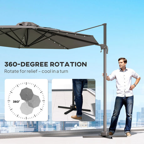 Outsunny 3(m) Cantilever Roma Parasol Patio Sun Umbrella with Crank & Tilt LED Solar Light Cross Base 360 Rotating Outdoor, Dark Grey