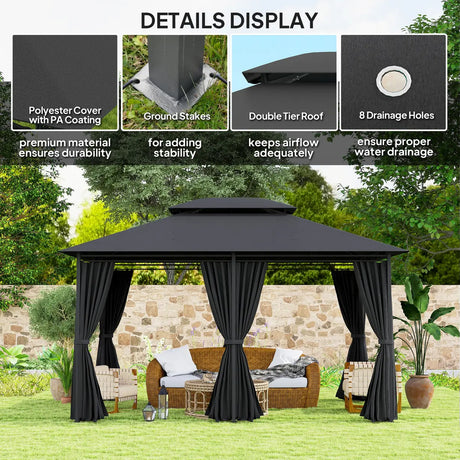 Outsunny 3 x 4m Steel Gazebo, with Curtains - Black