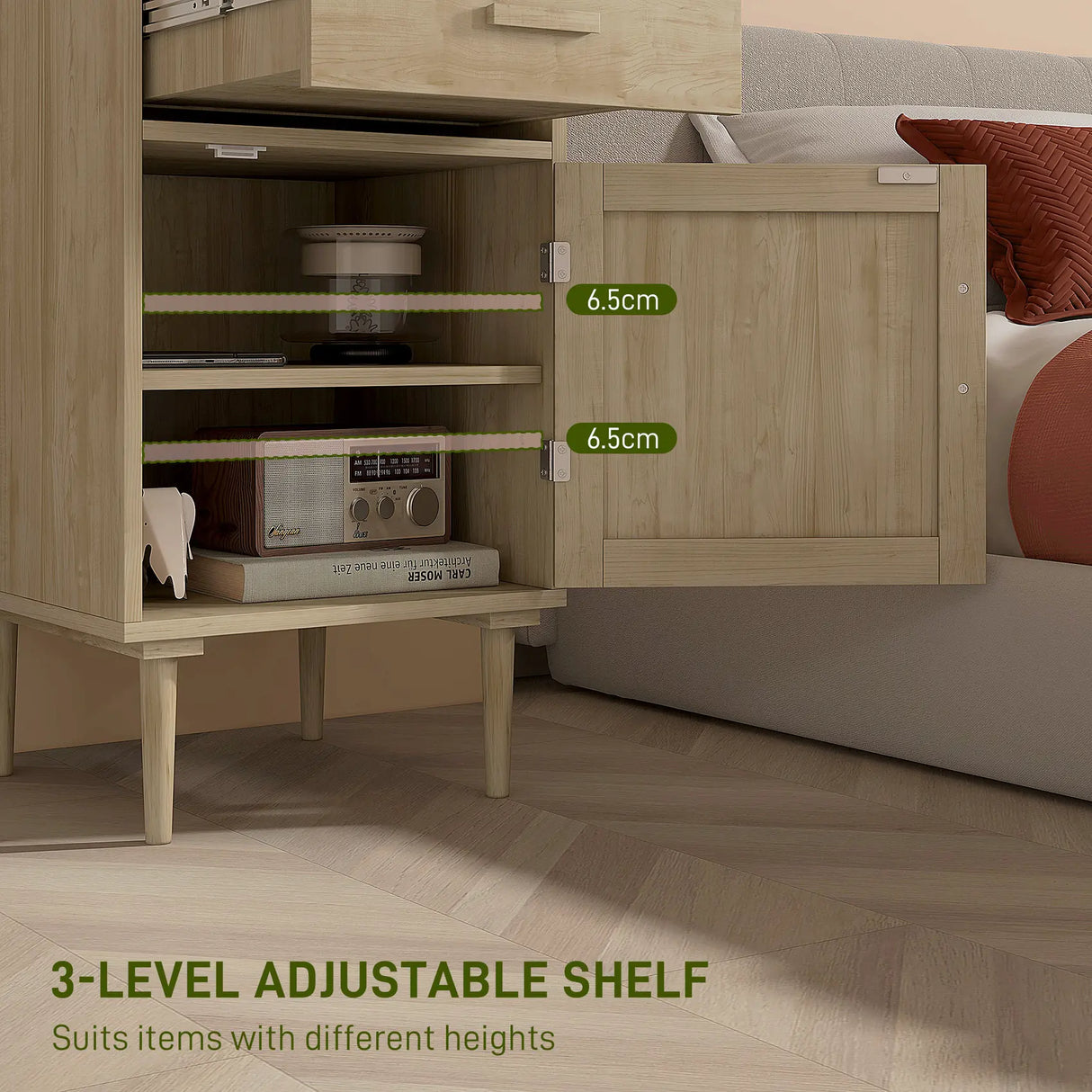 HOMCOM Bedside Table, Rattan Side Tables with Drawer, Cabinet and Adjustable Shelf, Boho Bedside Cabinet with Storage for Bedroom, Living Room, Natural Wood Effect