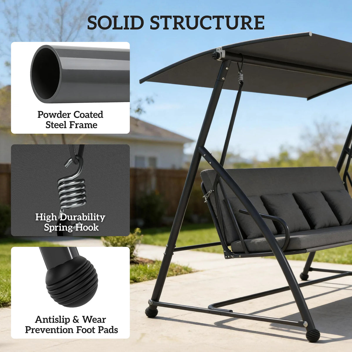 Outsunny Outdoor 2-in-1 Swing Chair Lounger 3 Seater Garden Swing Seat Bed Convertible Tilt Canopy W/ Cushion, Dark Grey