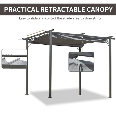 Outsunny 3 x 3(m) Metal Retractable Pergola, Garden Gazebo Metal Pergola Canopy Outdoor Sun Shade Shelter for Party BBQ, Grey