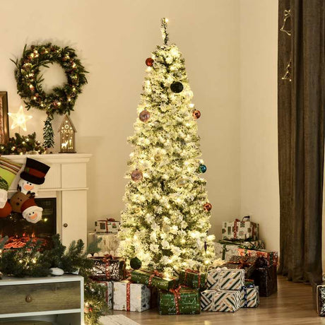 HOMCOM 6FT Prelit Artificial Snow Flocked Christmas Tree with Warm White LED Light, Holiday Home Xmas Decoration, Green White