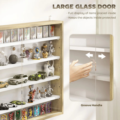 HOMCOM 5-Tier Wall Display Shelf Unit Cabinet w/ 4 Adjustable Shelves Glass Doors Home Office Ornaments 60x80cm Natural