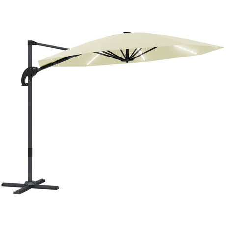 Outsunny 3(m) Cantilever Garden Parasol with Solar Powered Lights, Crank Handle & Cross Base, UPF 50+, 360° Rotation, Cream