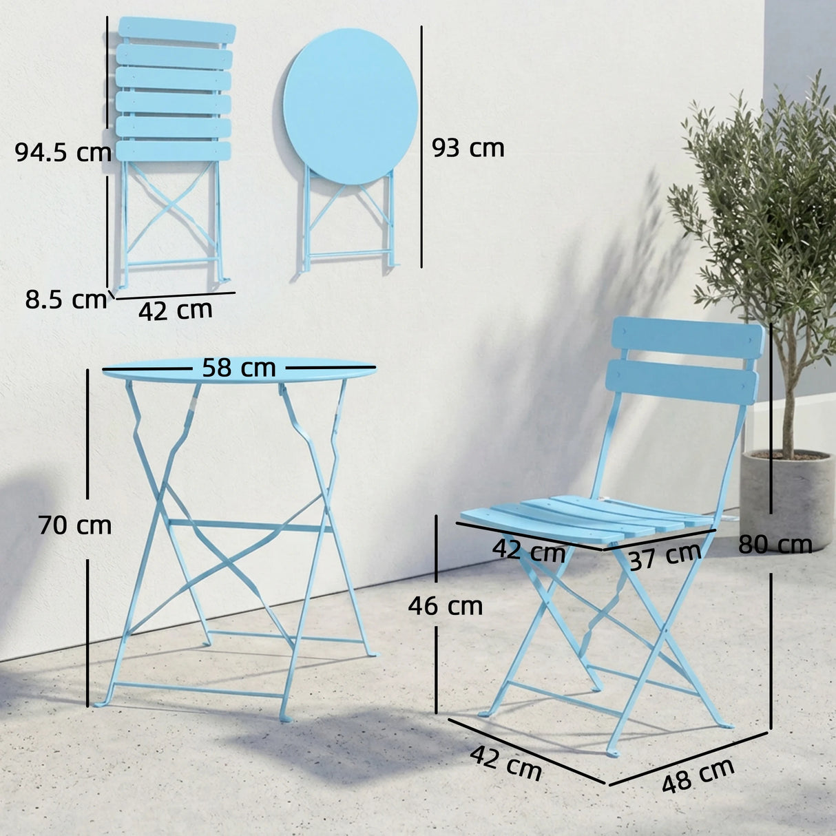 Outsunny Folding Garden Bistro Set, Outdoor Round Bistro Table and Chairs Set 2 with Electrophoresis Metal Frame, Light Blue