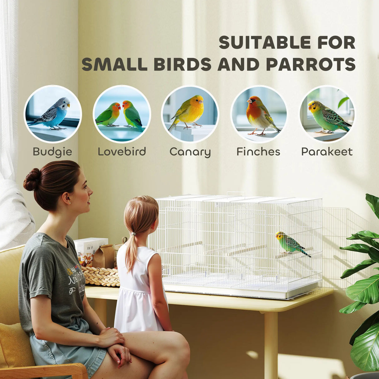 PawHut Bird Cage with Divider, 4 Wooden Perches, Slide Out Tray, 4 Feeders, for Budgie, Lovebird, Canary, 76 x 46 x 46cm, White
