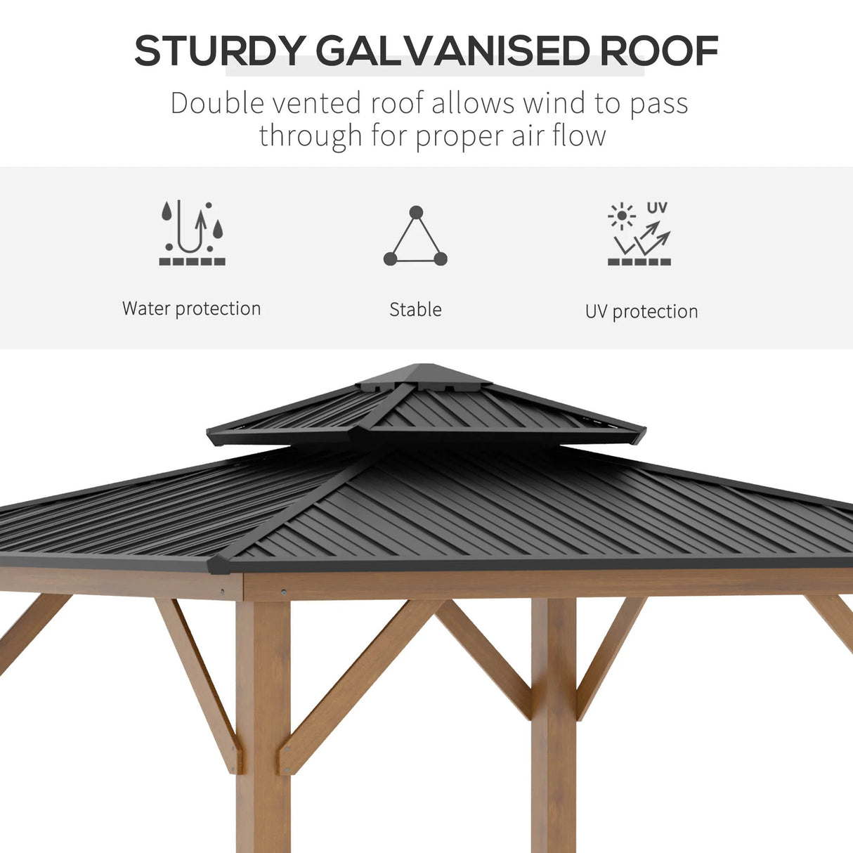 Outsunny 3.5 x 3.5m Outdoor Hardtop Gazebo Canopy with Two-tier Metal Roof and Solid Wood Frame Outdoor Patio Shelter for Patio, Garden, Black