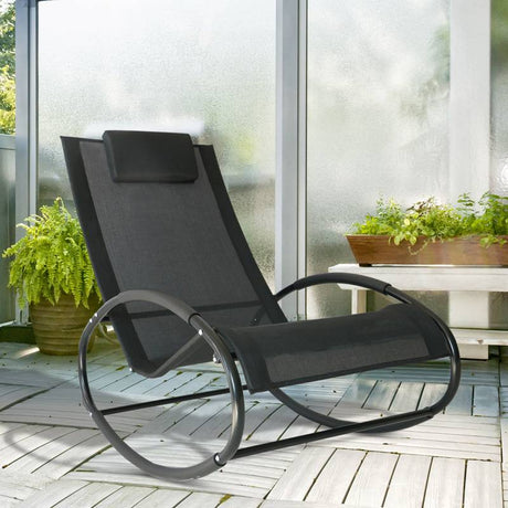 Outsunny Rocking Chair Sun Lounger Recliner Rocker Texteline Fabric Patio Garden Relaxer with Pillow, Black