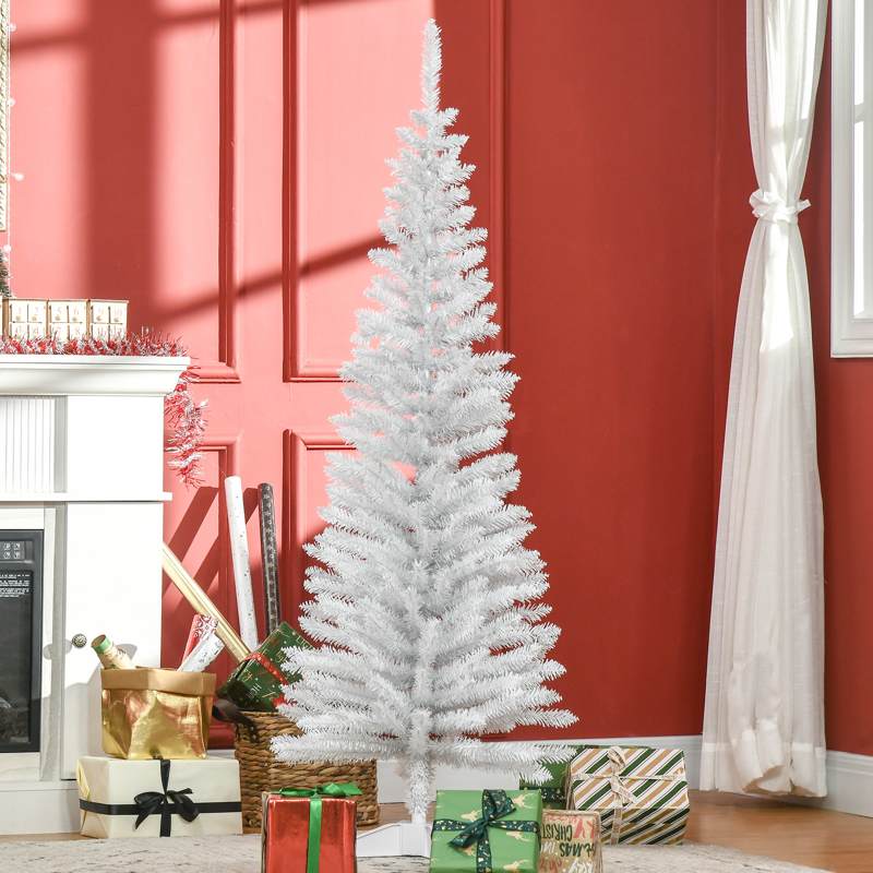 HOMCOM 5ft Unlit Artificial Christmas Tree, Pencil Slim Xmas Tree with Solid Stand and Realistic Branches, White