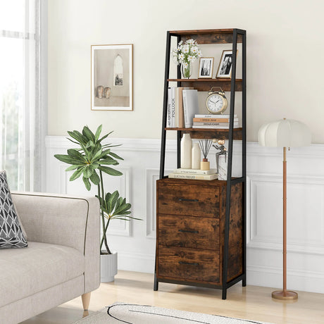 Multifunctional Tall Bookcase with Open Shelves and Storage Drawers-Rustic Brown