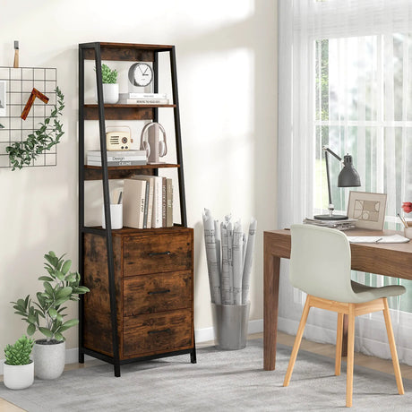 Multifunctional Tall Bookcase with Open Shelves and Storage Drawers-Rustic Brown