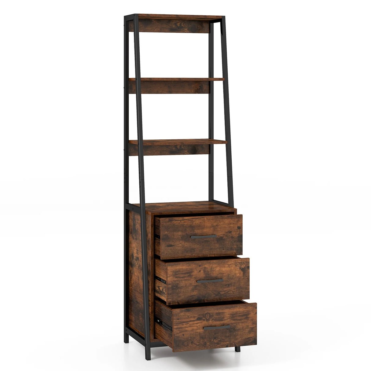 Multifunctional Tall Bookcase with Open Shelves and Storage Drawers-Rustic Brown