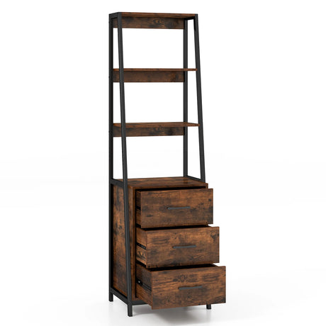 Multifunctional Tall Bookcase with Open Shelves and Storage Drawers-Rustic Brown