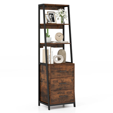 Multifunctional Tall Bookcase with Open Shelves and Storage Drawers-Rustic Brown