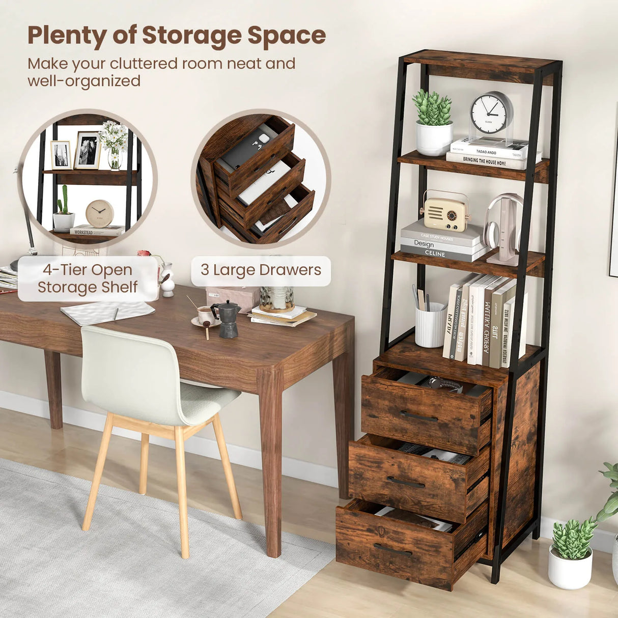 Multifunctional Tall Bookcase with Open Shelves and Storage Drawers-Rustic Brown