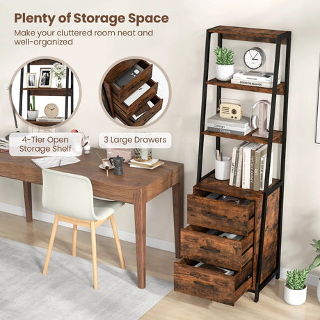 Multifunctional Tall Bookcase with Open Shelves and Storage Drawers-Rustic Brown