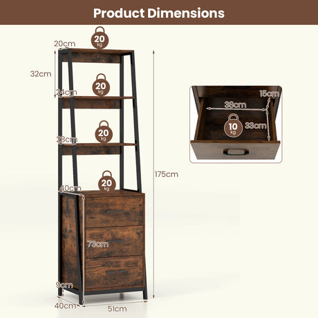 Multifunctional Tall Bookcase with Open Shelves and Storage Drawers-Rustic Brown