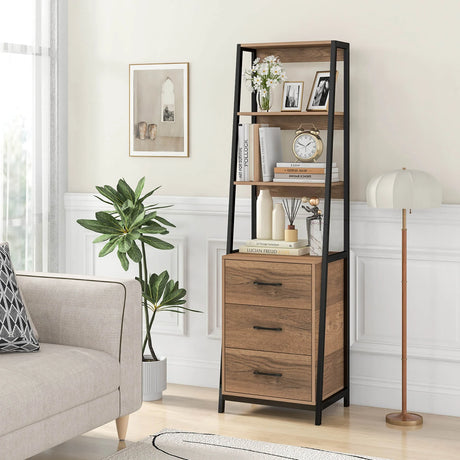 Multifunctional Tall Bookcase with Open Shelves and Storage Drawers-Natural