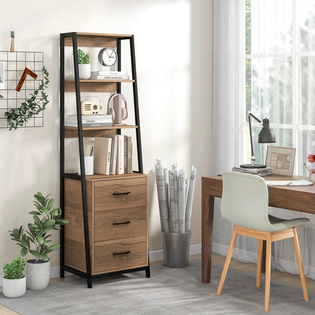 Multifunctional Tall Bookcase with Open Shelves and Storage Drawers-Natural