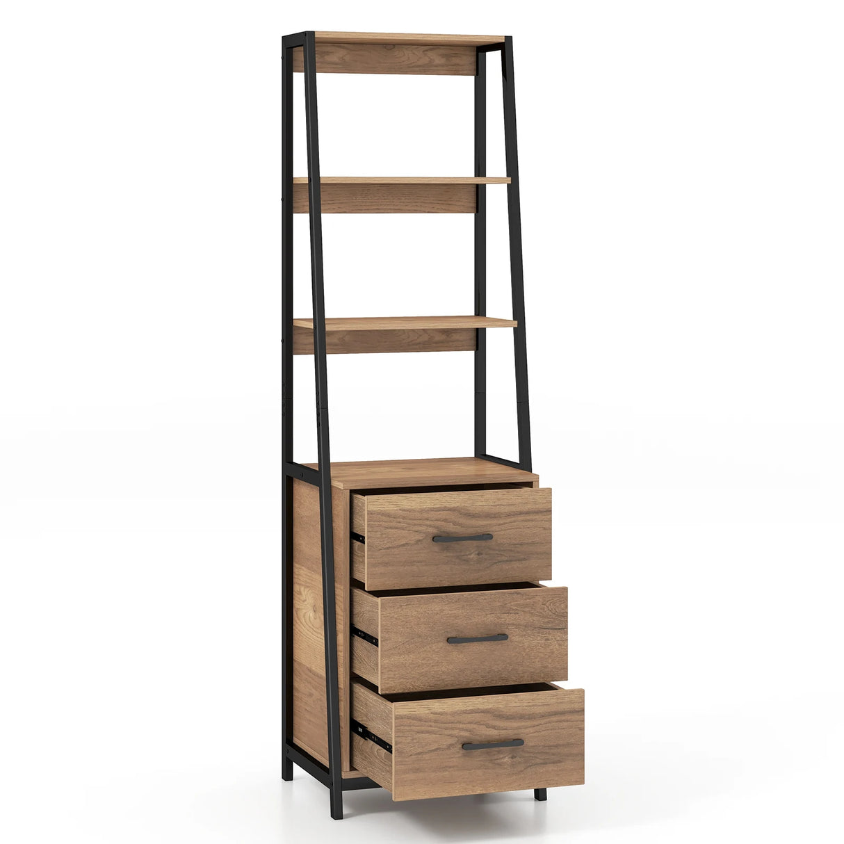 Multifunctional Tall Bookcase with Open Shelves and Storage Drawers-Natural