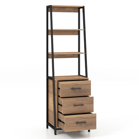 Multifunctional Tall Bookcase with Open Shelves and Storage Drawers-Natural