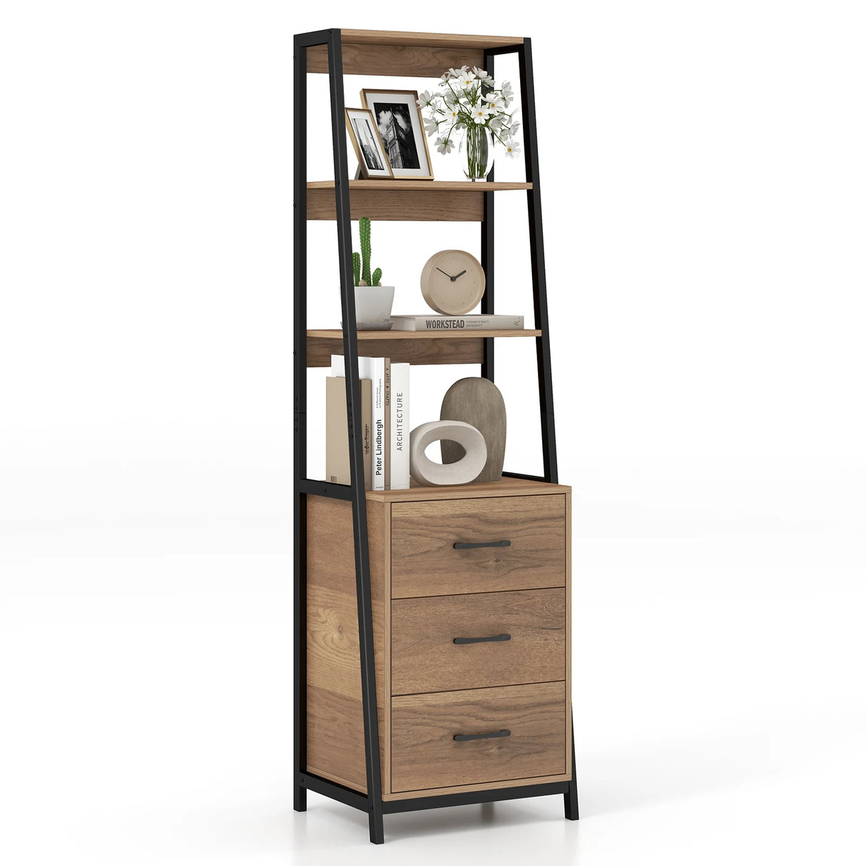 Multifunctional Tall Bookcase with Open Shelves and Storage Drawers-Natural