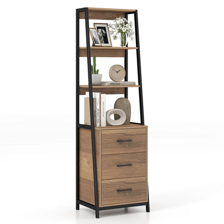 Multifunctional Tall Bookcase with Open Shelves and Storage Drawers-Natural