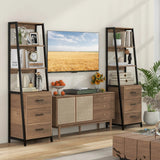 Multifunctional Tall Bookcase with Open Shelves and Storage Drawers-Natural