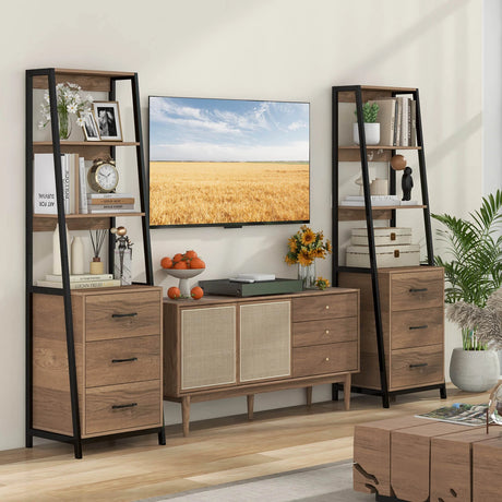 Multifunctional Tall Bookcase with Open Shelves and Storage Drawers-Natural