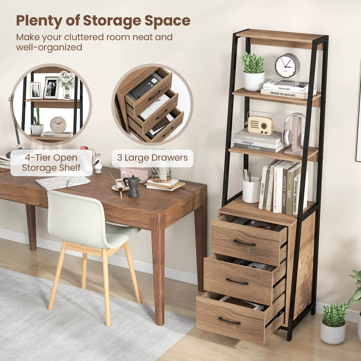 Multifunctional Tall Bookcase with Open Shelves and Storage Drawers-Natural