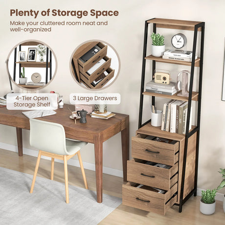 Multifunctional Tall Bookcase with Open Shelves and Storage Drawers-Natural