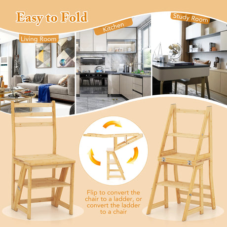 Convertible Step Stool and Chair with Safety Locks for Adults-Natural
