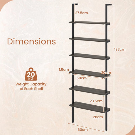 6-Tier Ladder Shelf Wall Mounted Bookshelf with Metal Frame-Oak
