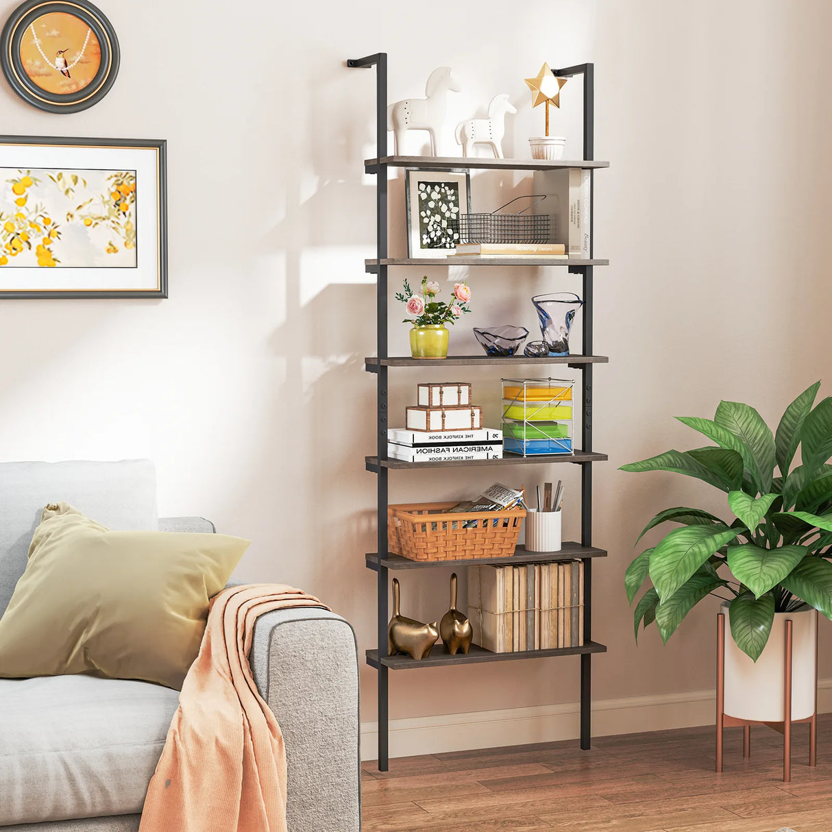 6-Tier Ladder Shelf Wall Mounted Bookshelf with Metal Frame-Oak