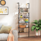 6-Tier Ladder Shelf Wall Mounted Bookshelf with Metal Frame-Oak