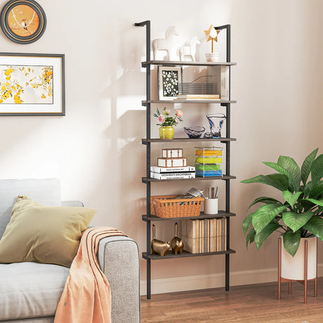 6-Tier Ladder Shelf Wall Mounted Bookshelf with Metal Frame-Oak