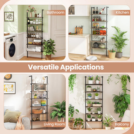 6-Tier Ladder Shelf Wall Mounted Bookshelf with Metal Frame-Oak