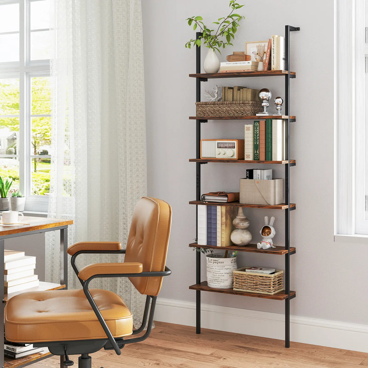 6-Tier Ladder Shelf Wall Mounted Bookshelf with Metal Frame-Rustic Brown