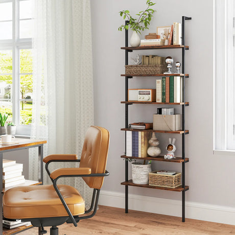 6-Tier Ladder Shelf Wall Mounted Bookshelf with Metal Frame-Rustic Brown