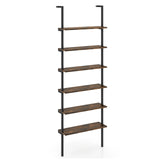 6-Tier Ladder Shelf Wall Mounted Bookshelf with Metal Frame-Rustic Brown