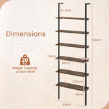6-Tier Ladder Shelf Wall Mounted Bookshelf with Metal Frame-Rustic Brown